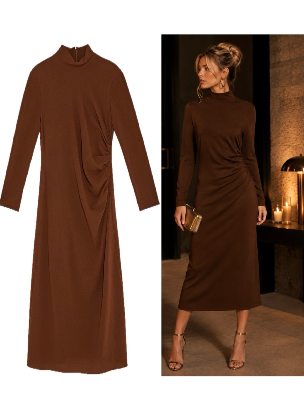 Zara Brown Long Sleeve Mock Neck Twist Detail Midi Dress Sz L stretchy classy - Picture 1 of 11
